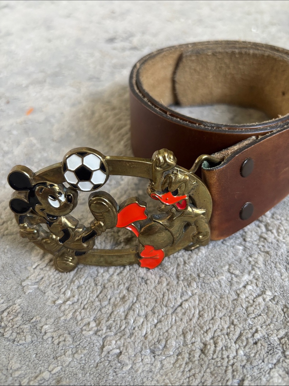 VTG DISNEY Brown Leather Belt with Red Accent Cartoon Buckle